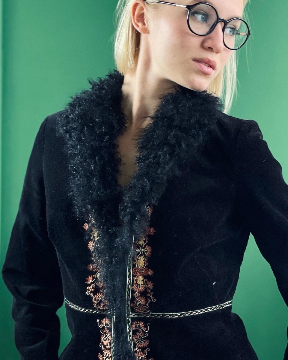 Vintage 90s Vivienne Tam Black Corduroy Jacket Llama Fur And