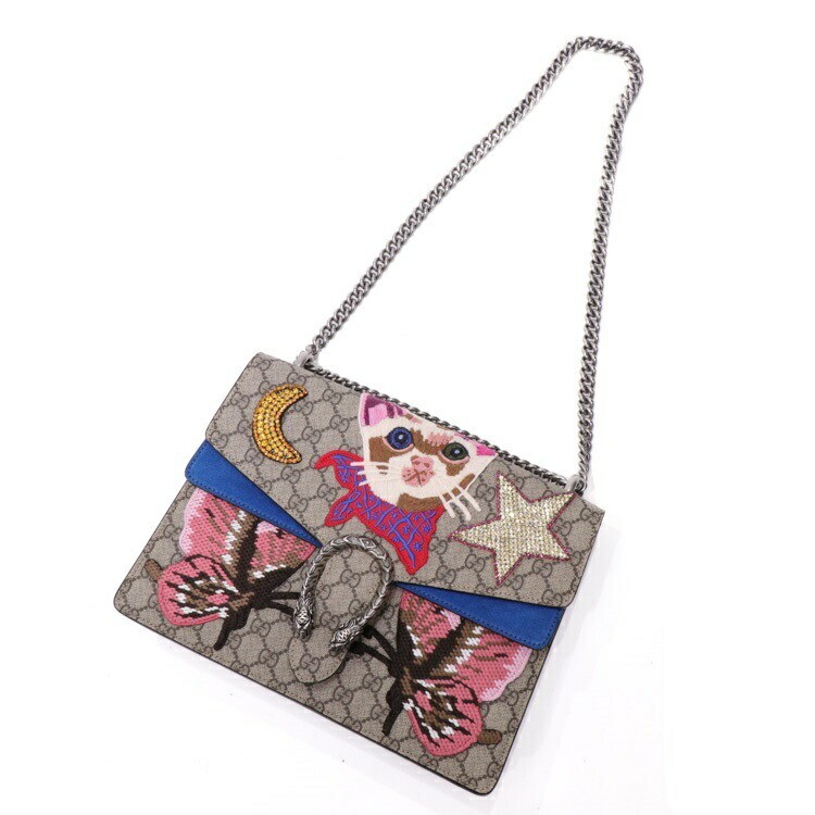 GUCCI 403348 Chain Shoulder Bag GG Supreme Embroidered Cat
