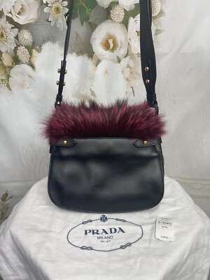 PRADA VOLPETTA CITY CORSAIRE FOX FUR/CALF LEATHER BAG BURGUNDY
