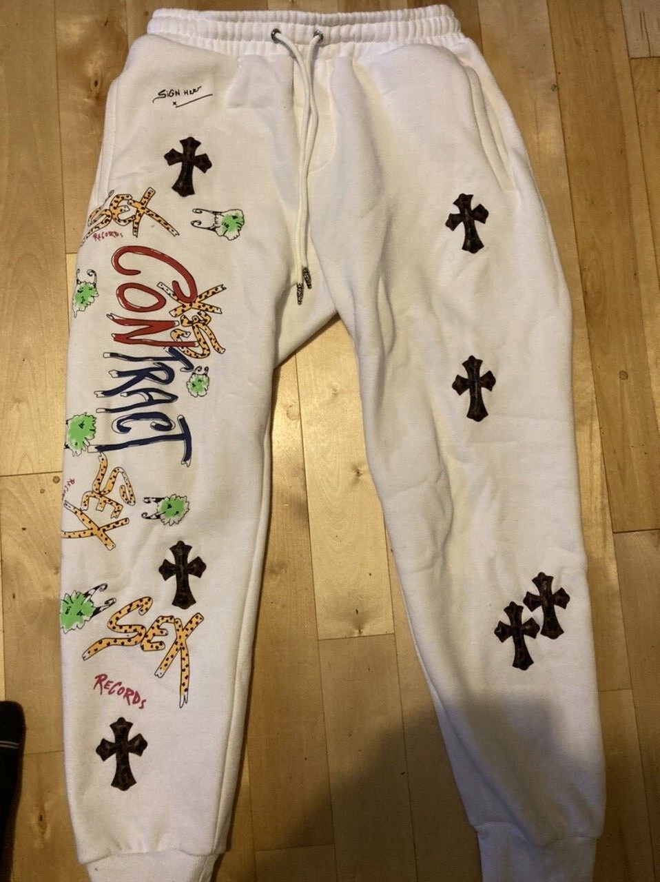 Chrome Hearts White Sex Records Crosses Mens 32 Elastic Stretch