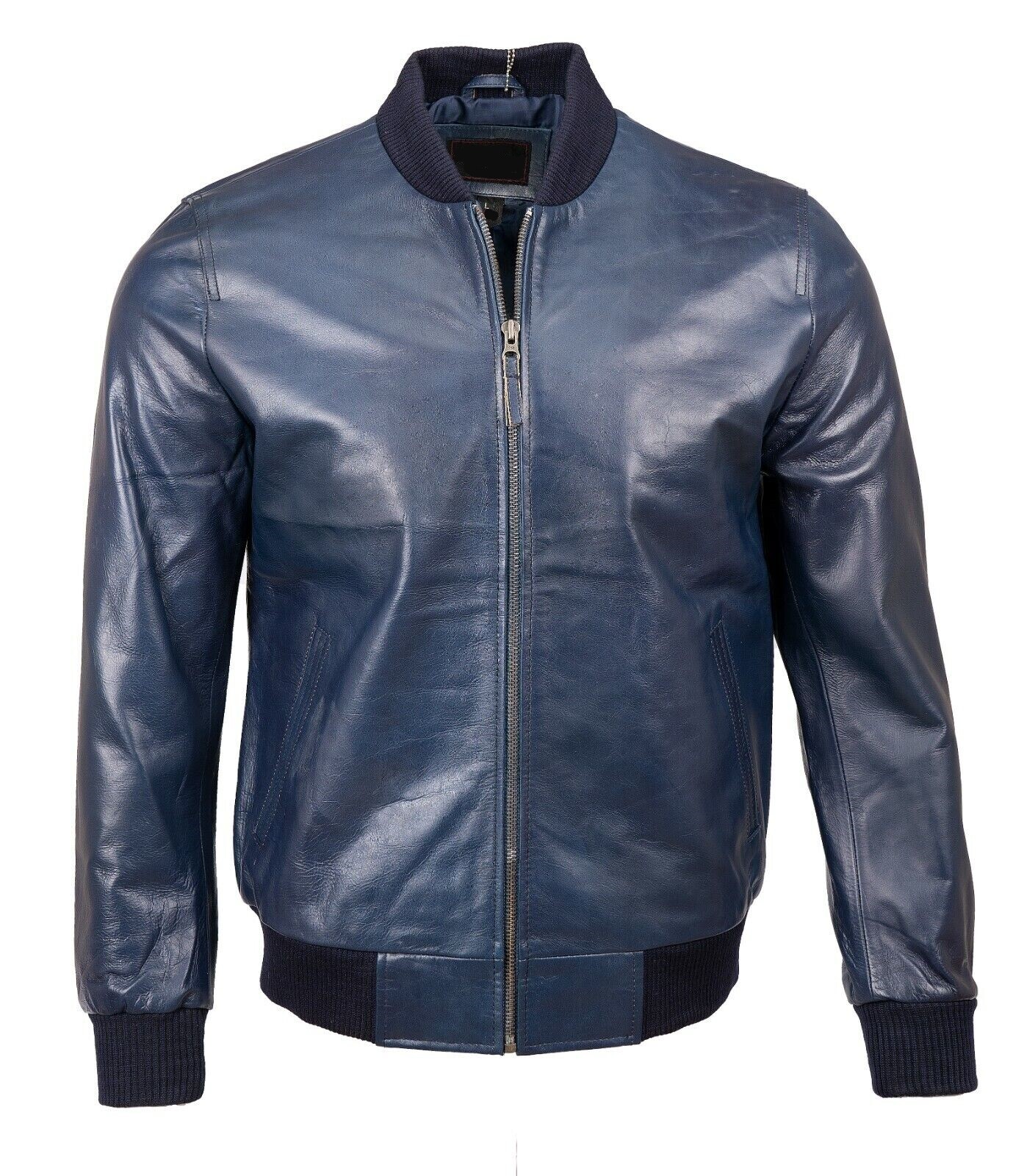 Men's Real Leather Bomber Jacket Retro Biker Cafe Racer Style Blue