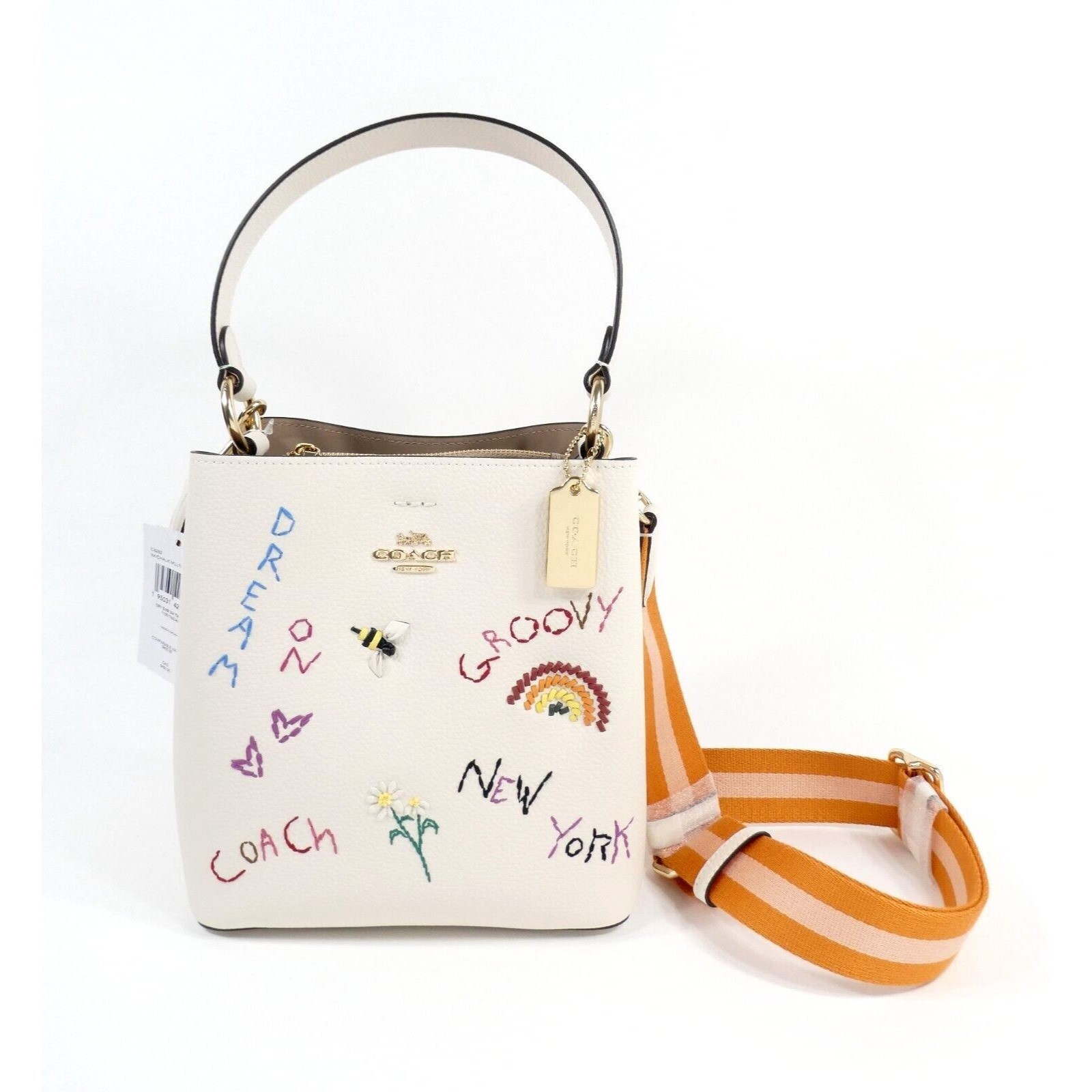 Coach Chalk Multi Diary Embroidery Small Town Leather Bucket Bag