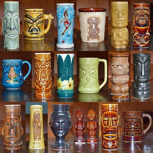 Vintage retro Tiki drinking mugs.