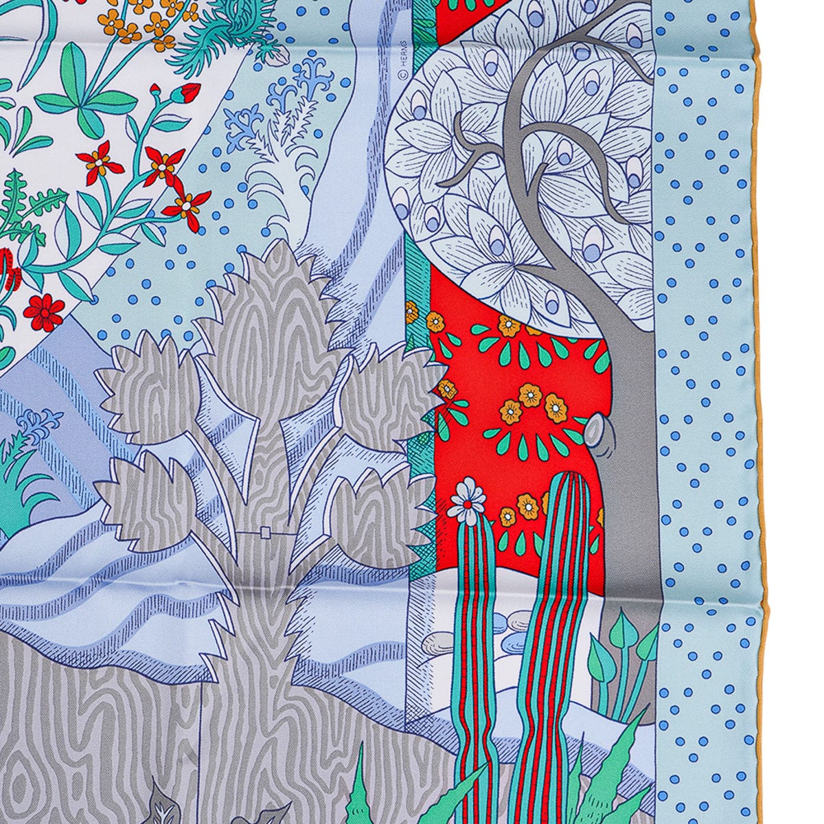 Hermes Silk Scarf 90 Le Premier Chant Aqua Vert and Grenadine