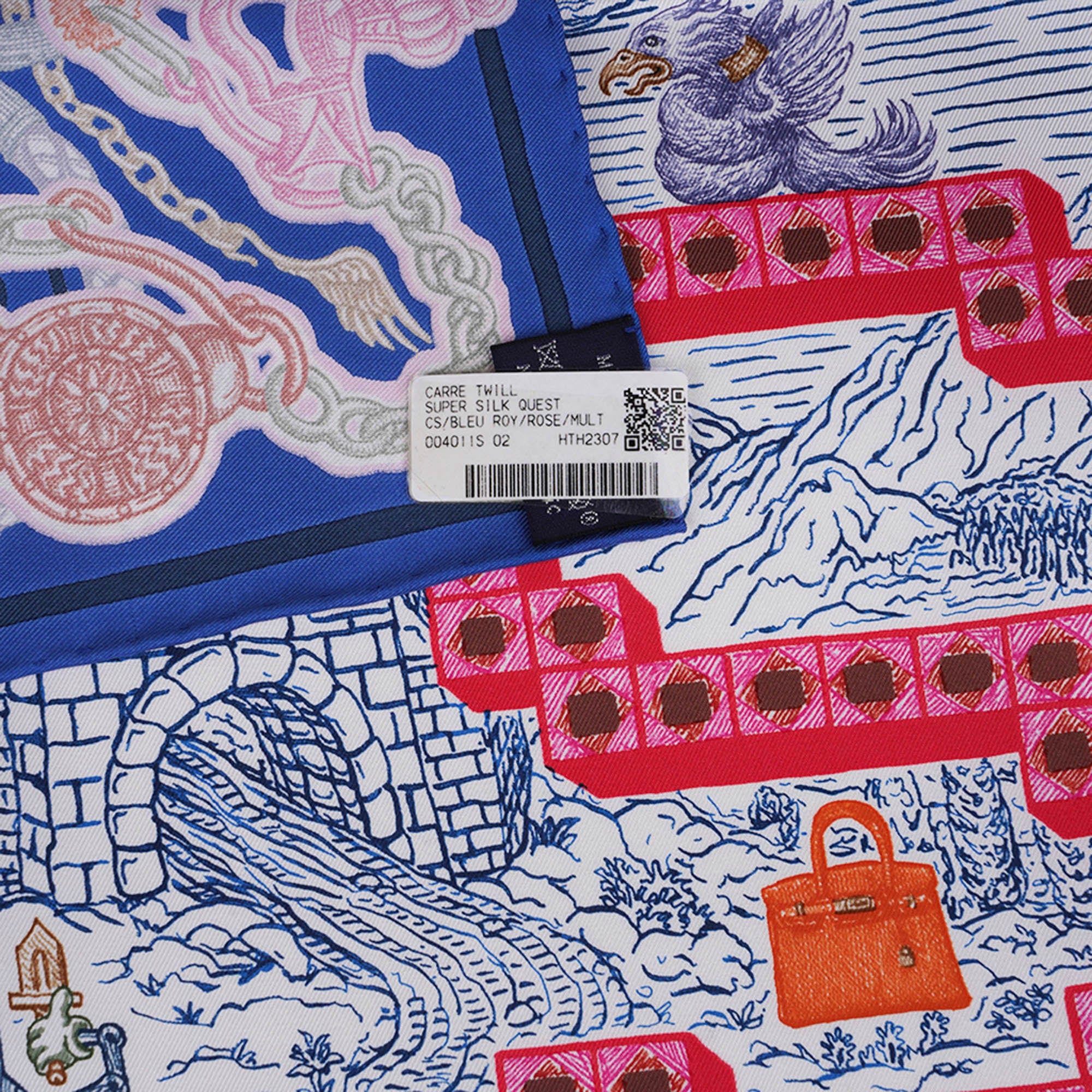 Hermes Scarf Super Silk Quest Bleu Royal Rose Multicolore 90