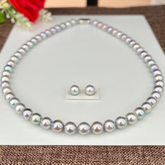 アコヤ真珠ネックレス7.0-7.5mm無調色ナチュラルブルーカラーペア付き