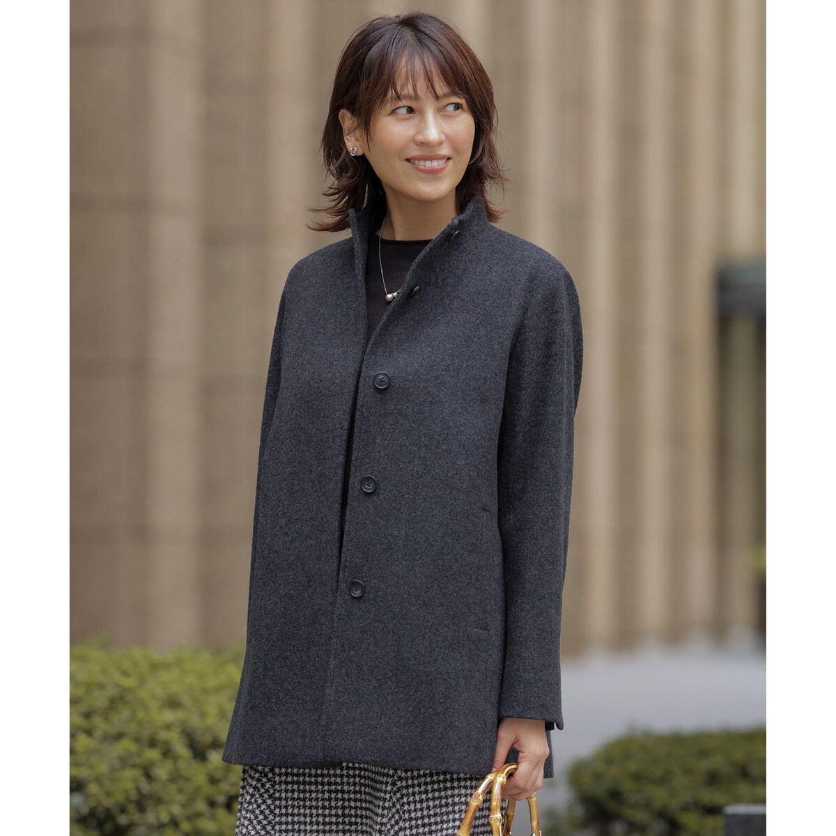 リバーシブル】ウールナイロンリバーチェック スタンドカラー コート