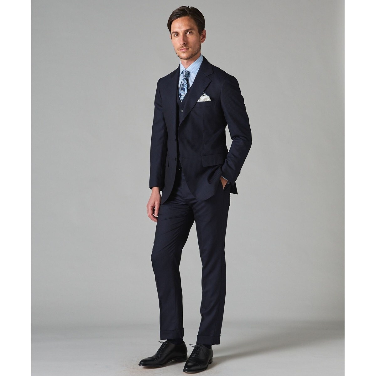 御幸毛織】Superio160 ウールカシミヤ スーツ（ネイビーストライプ