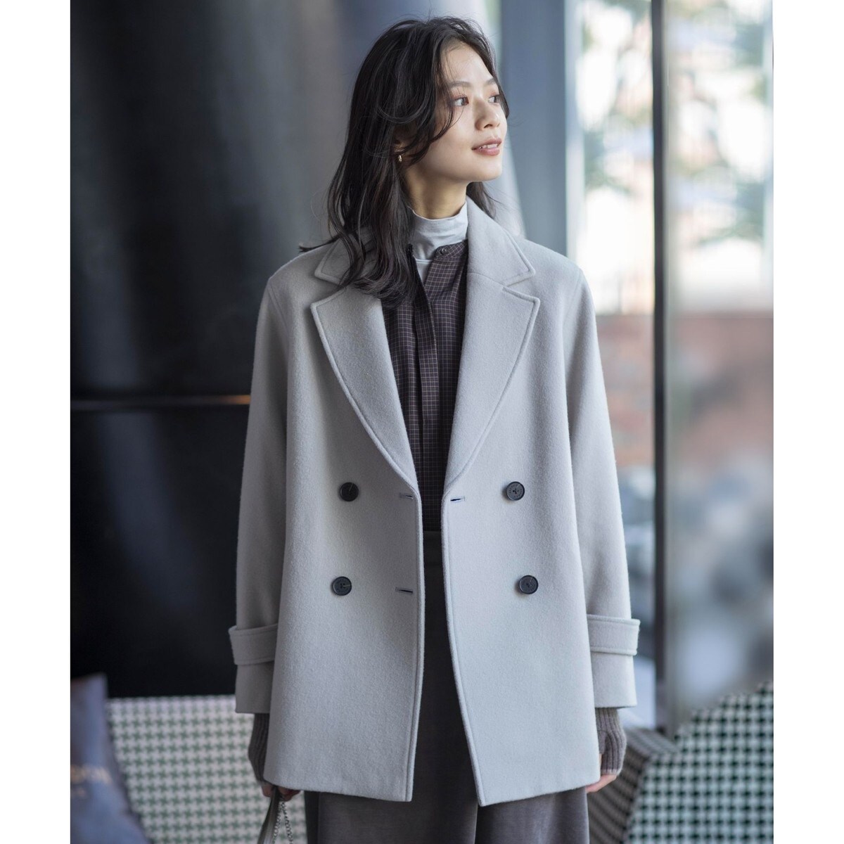 リバーシブル】ウールナイロンリバーチェック スタンドカラー コート