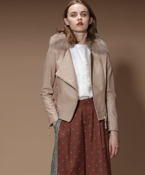 ファー衿ドレープラムジャケット （レザーブルゾン・ジャケット