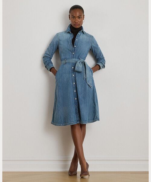 ベルテッド デニム シャツドレス （ミニ丈・ひざ丈ワンピース