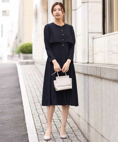 セール】 サテンジョーゼット パール調釦デザインワンピース （ロング