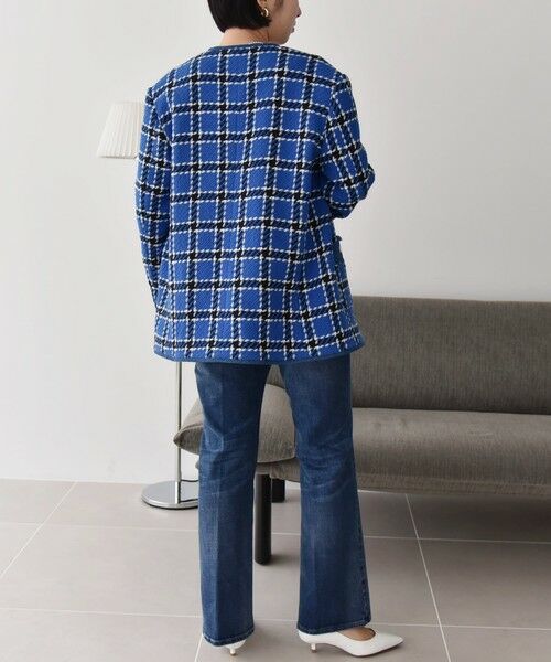 セール】 quaranciel: ブルー ツイード ノーカラー ジャケット