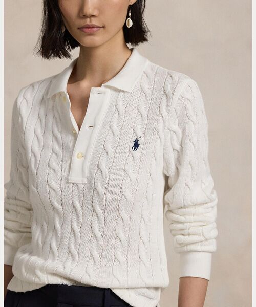 ケーブルニット コットン ロングスリーブ ポロシャツ （ポロシャツ