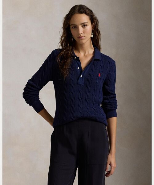 ケーブルニット コットン ロングスリーブ ポロシャツ （ポロシャツ