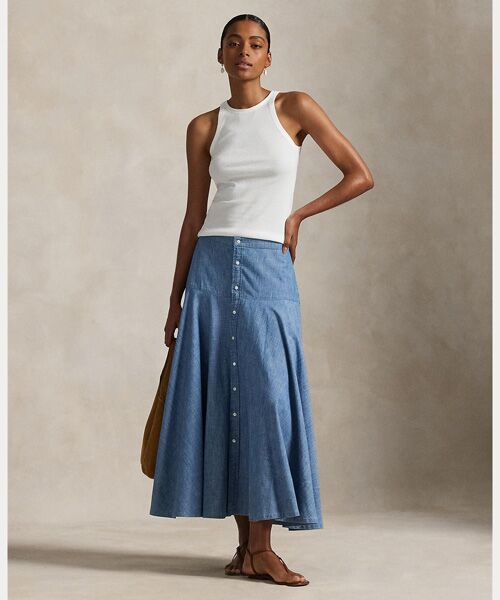 セール】 コットン シャンブレー Aライン スカート （ロング・マキシ丈