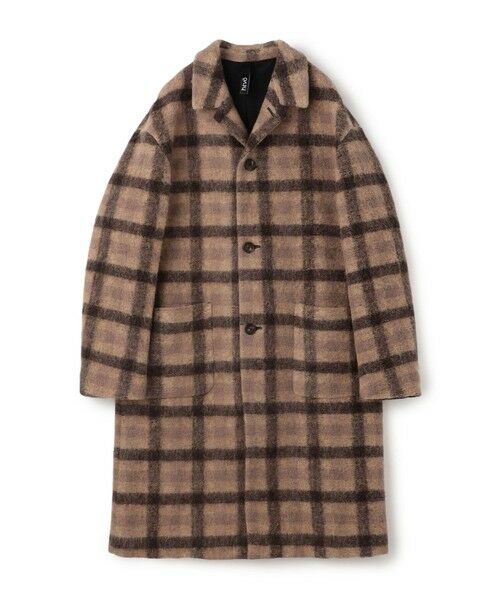 セール】 HEVO チェック柄 ウールポリエステル ステンカラーコート