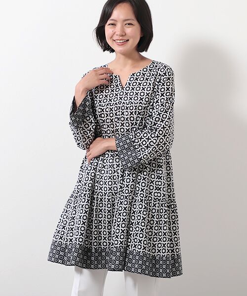 セール】 コットンローンブロックプリントチュニック （チュニック