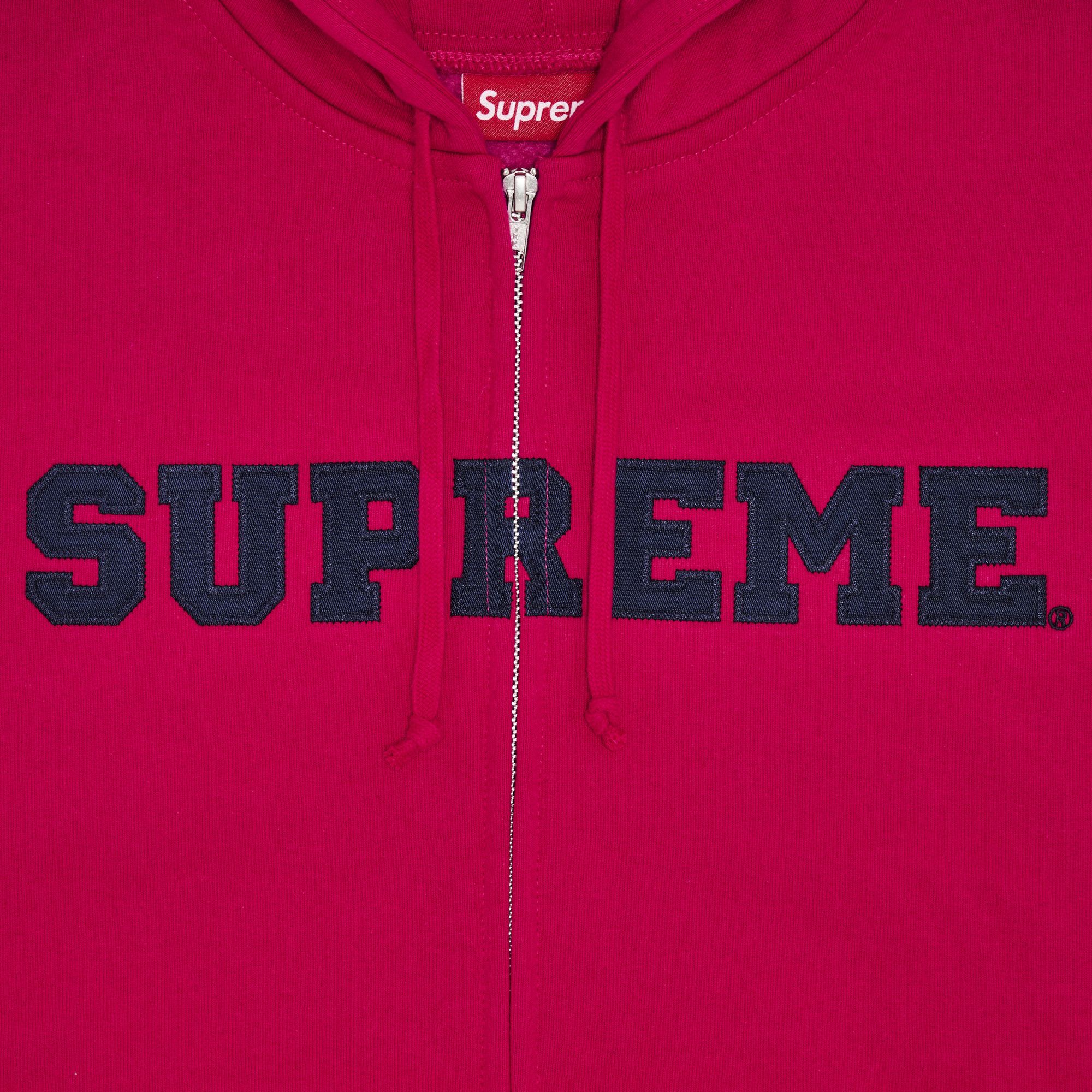 Buy Supreme Collegiate Appliqué Zip Up Hooded Sweatshirt 'Fuchsia