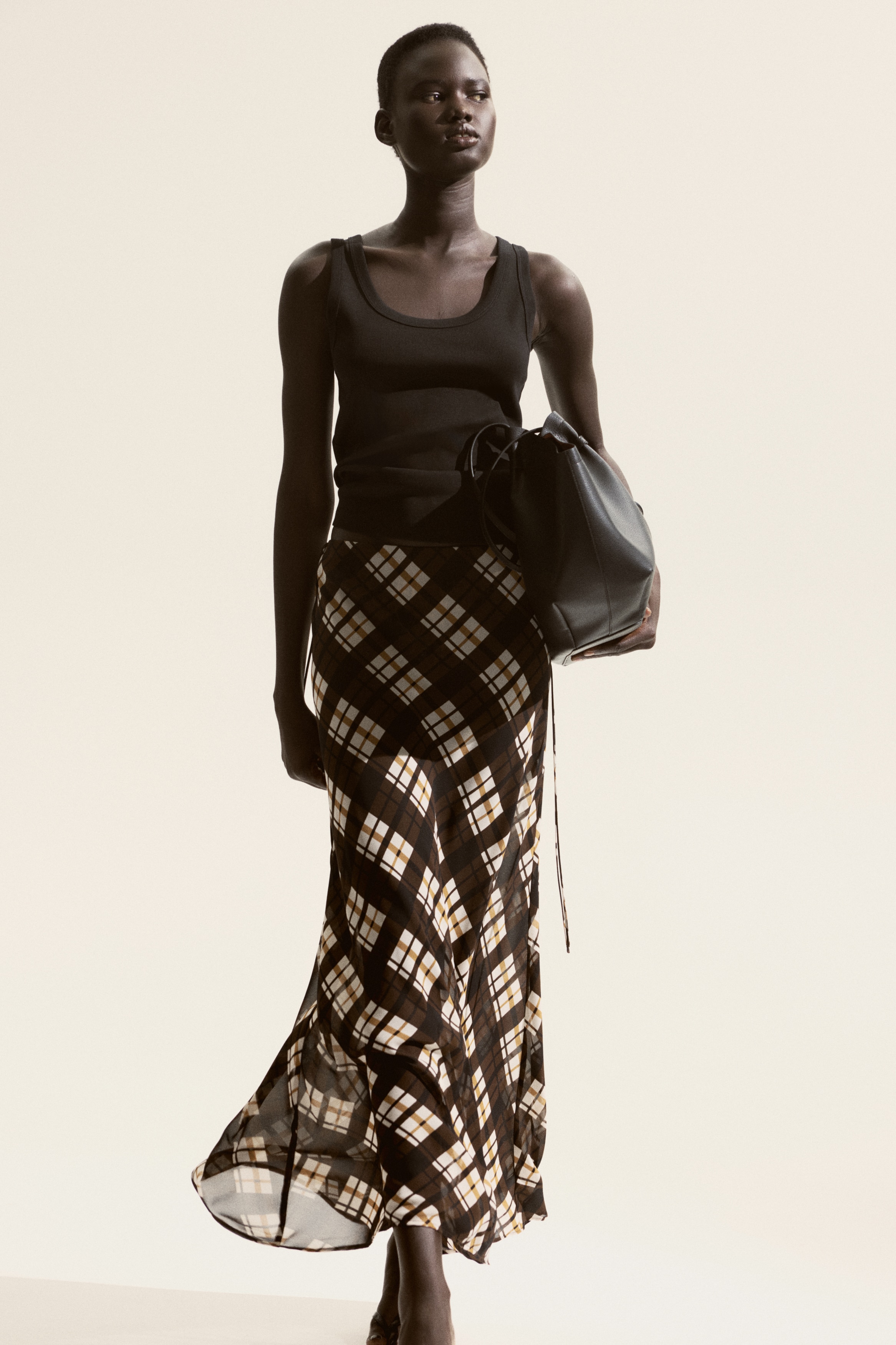 Chiffon Maxi Skirt - Dark brown/plaid - Ladies | H&M US