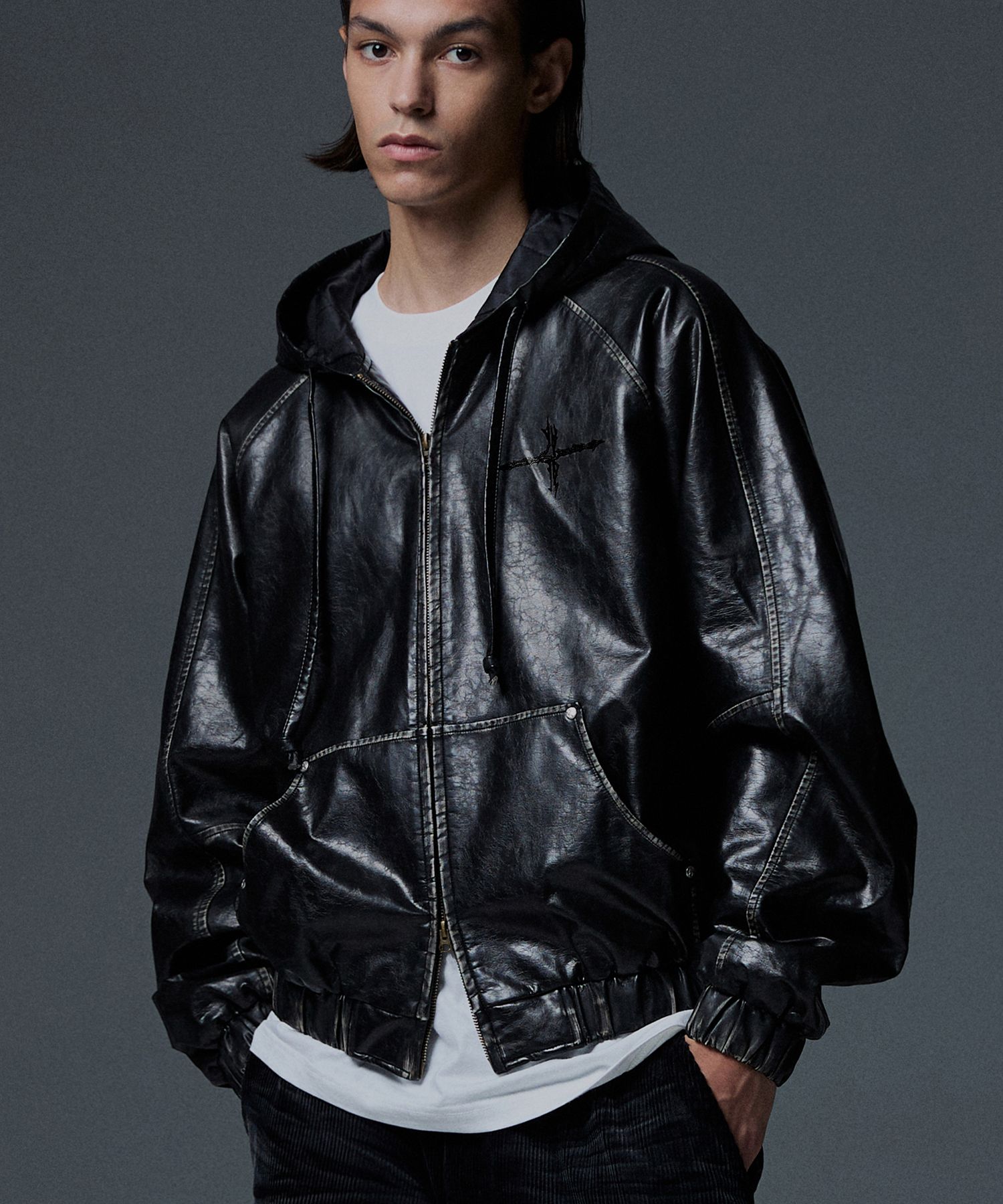 MUSINSA公式 | NOT4NERD Crop Leather Vintage Hooded Jacket - Black