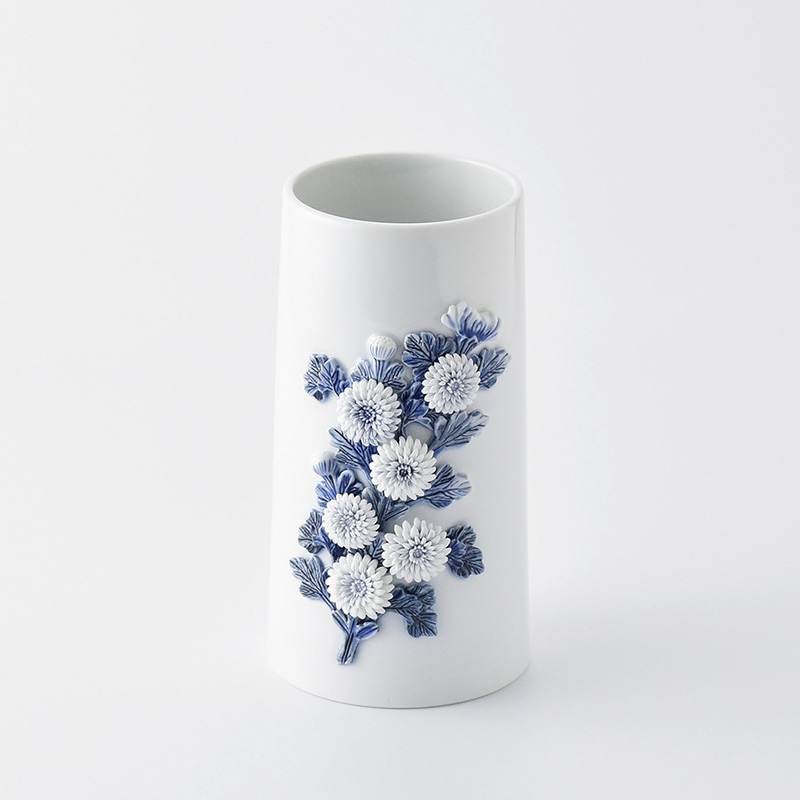 平戸洸祥団右ヱ門窯】平戸菊花飾 染付 筒花瓶（大）（菊六輪） | 三