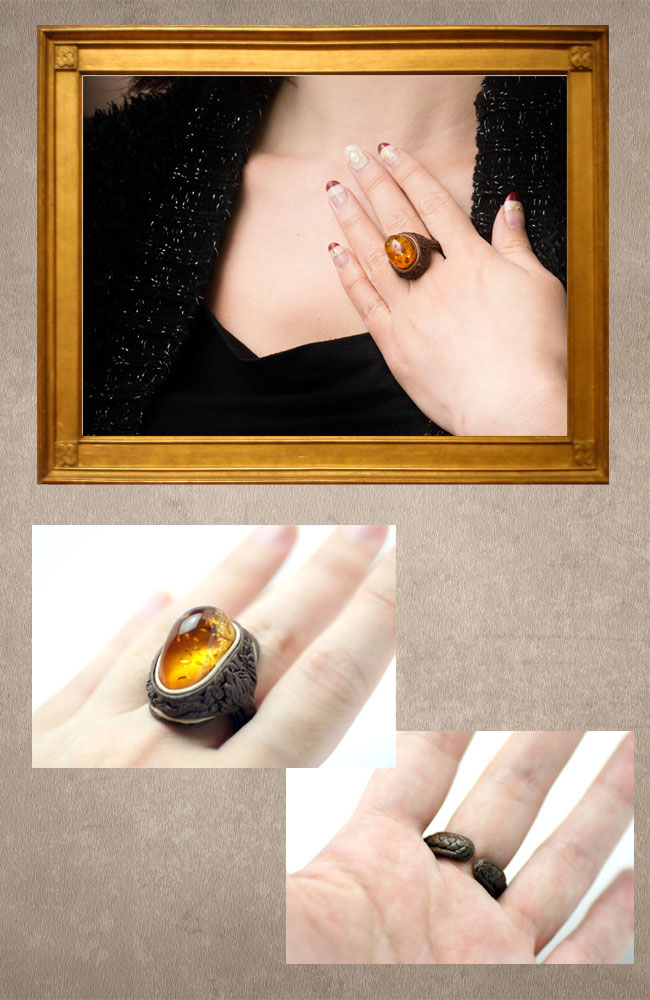 楽天市場】天然 琥珀 本革 リング 大粒 フリーサイズ コハク 指輪 金属