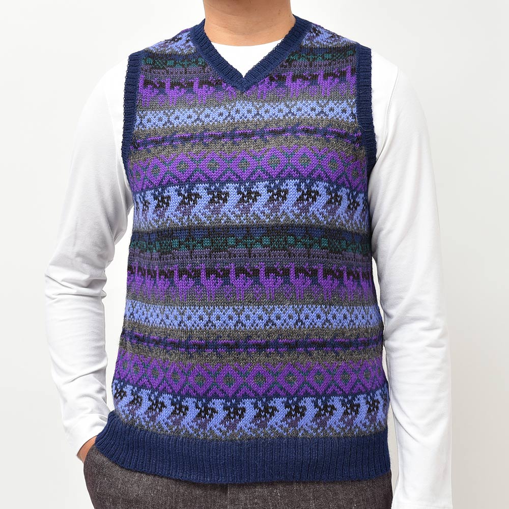 【ペルー製】 ラッファモリーナ 総柄ニットベスト アルパカ100% Lサイズ ペルー製アルパカ100％ベスト メンズ M ブルーグレー ペルー製