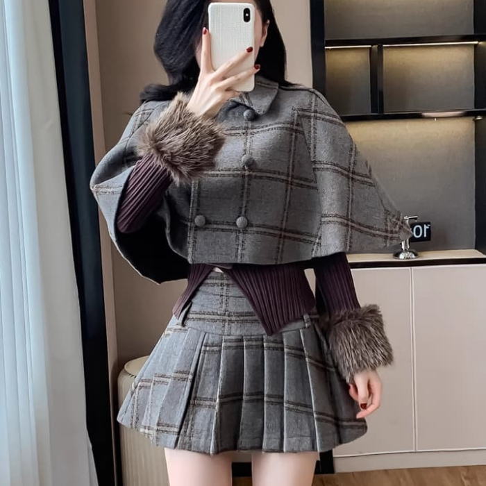楽天市場】スカート セットアップ 襟 チェック柄 リボン ケープ