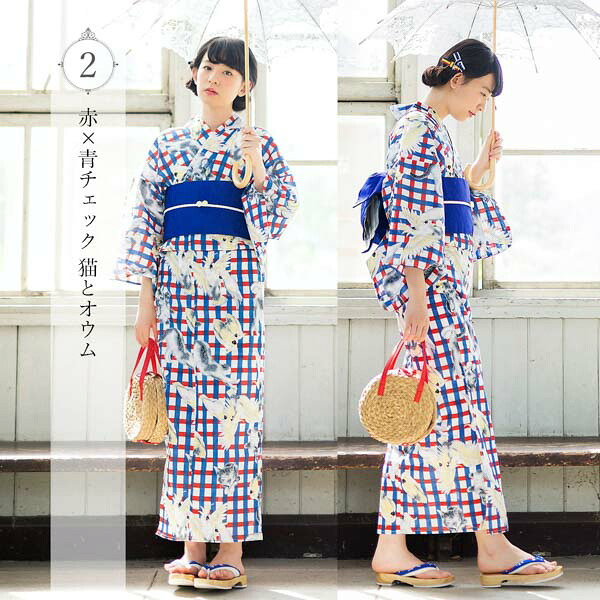 浴衣 レディース 浴衣と帯の2点セット「猫とオウム・レトロフラワー