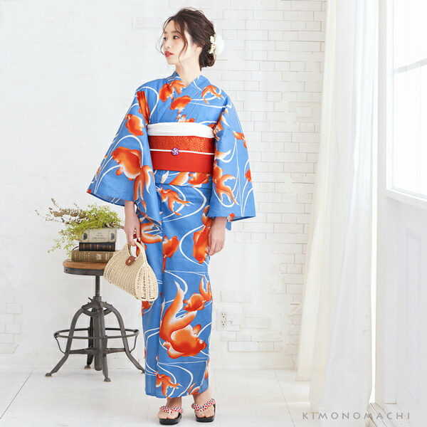 Prices down2】浴衣 レディース 単品 「赤色金魚」 S F TL LL サイズ
