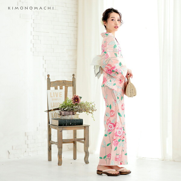 Prices down2】浴衣 レディース 単品 「ピンク 薔薇」 S F TL LL