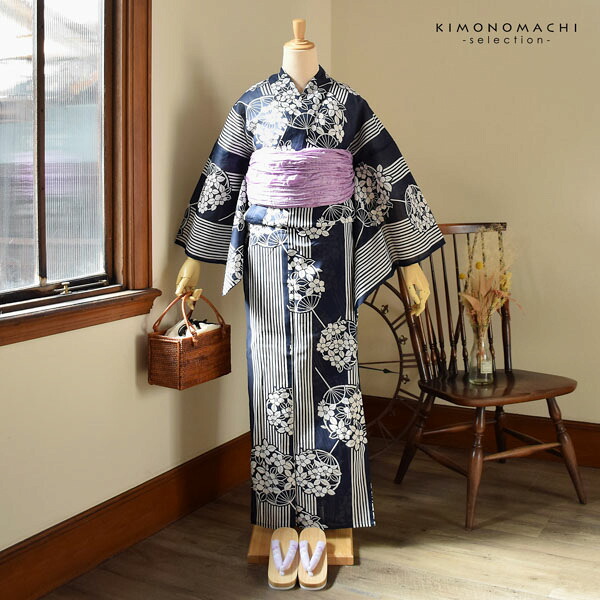 浴衣 レディース 単品 お仕立て上がり浴衣 プレタ「紺色 団扇」Fサイズ