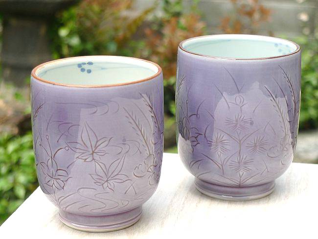 むらさき野夫婦湯呑と夫婦茶碗セット 昇峰 - 京焼清水焼 松韻堂