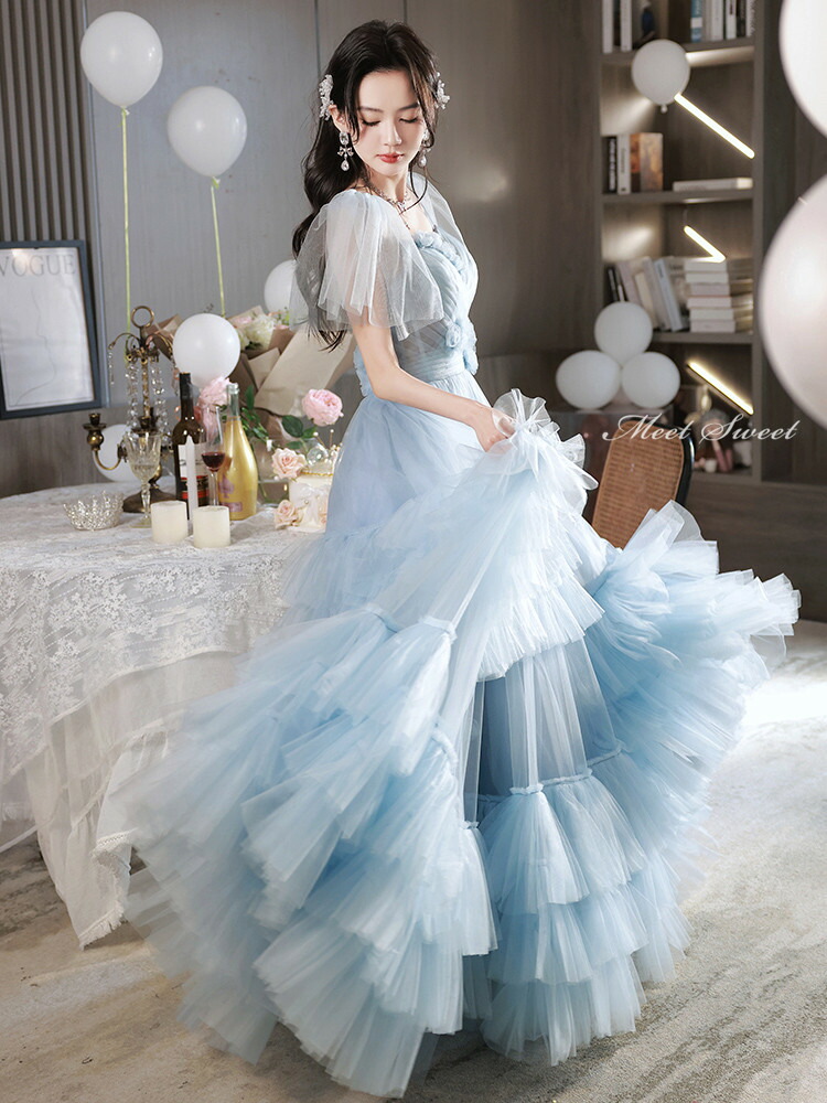 楽天市場】カラードレス ウェディングドレス ライトブルー フリル 半袖