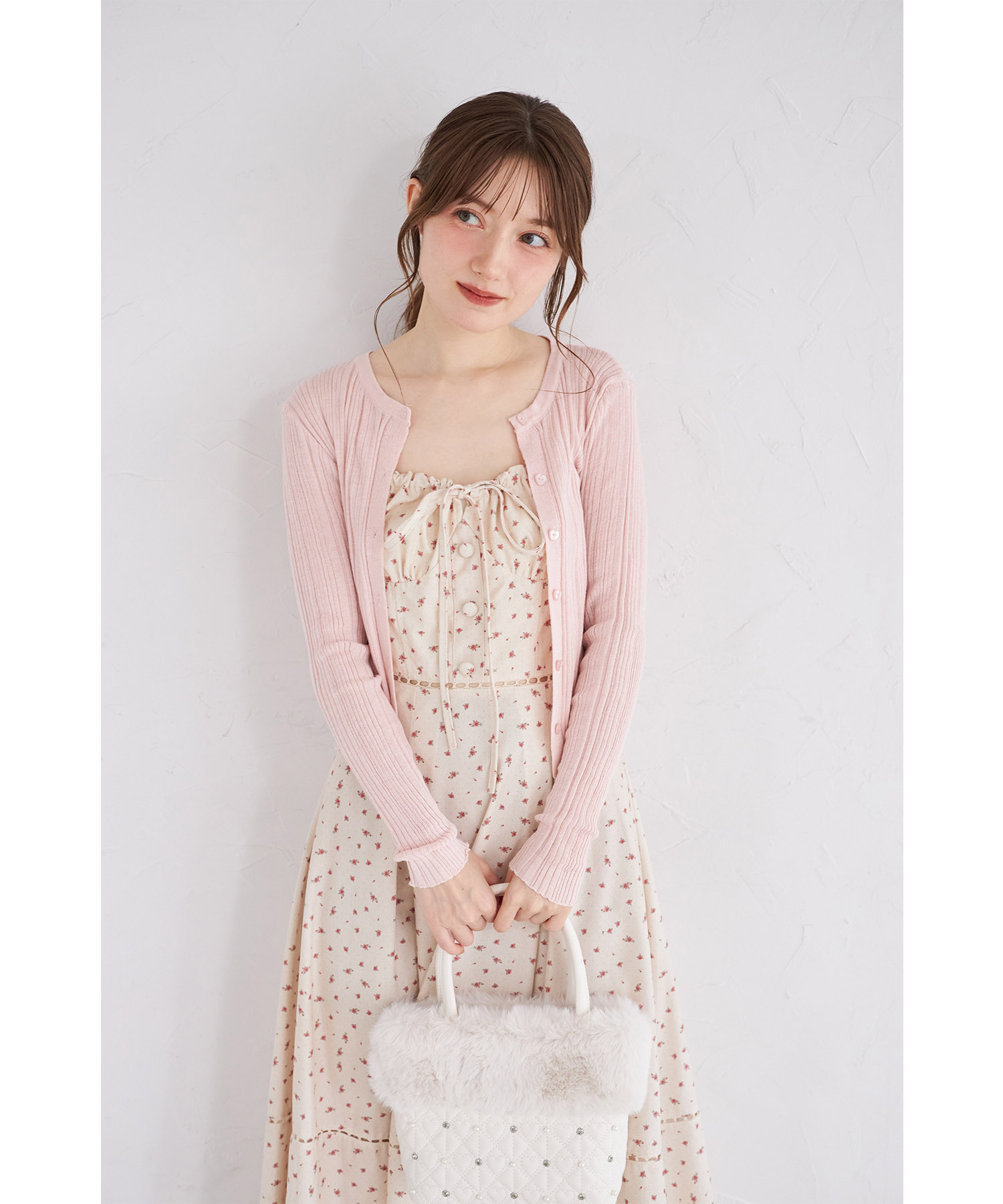 ハート釦ニットカーディガン×小花柄プリントワンピースセット