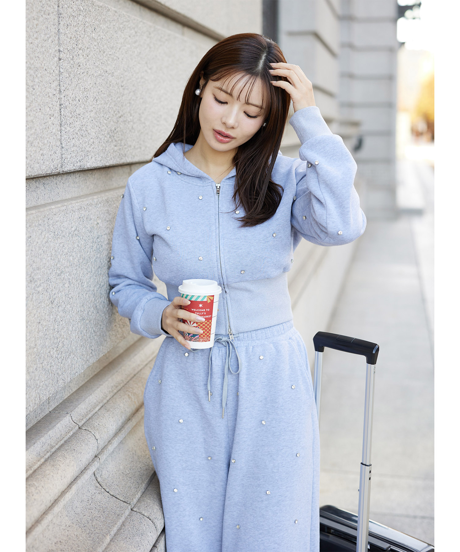 ビジューストーン付き裏起毛パーカー×パンツセットアップ