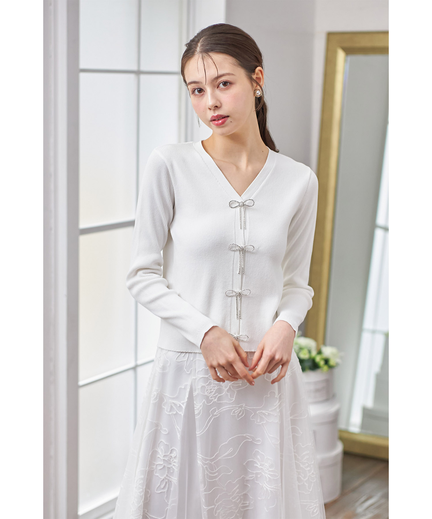 ビジューリボン付きリブニットカーディガン