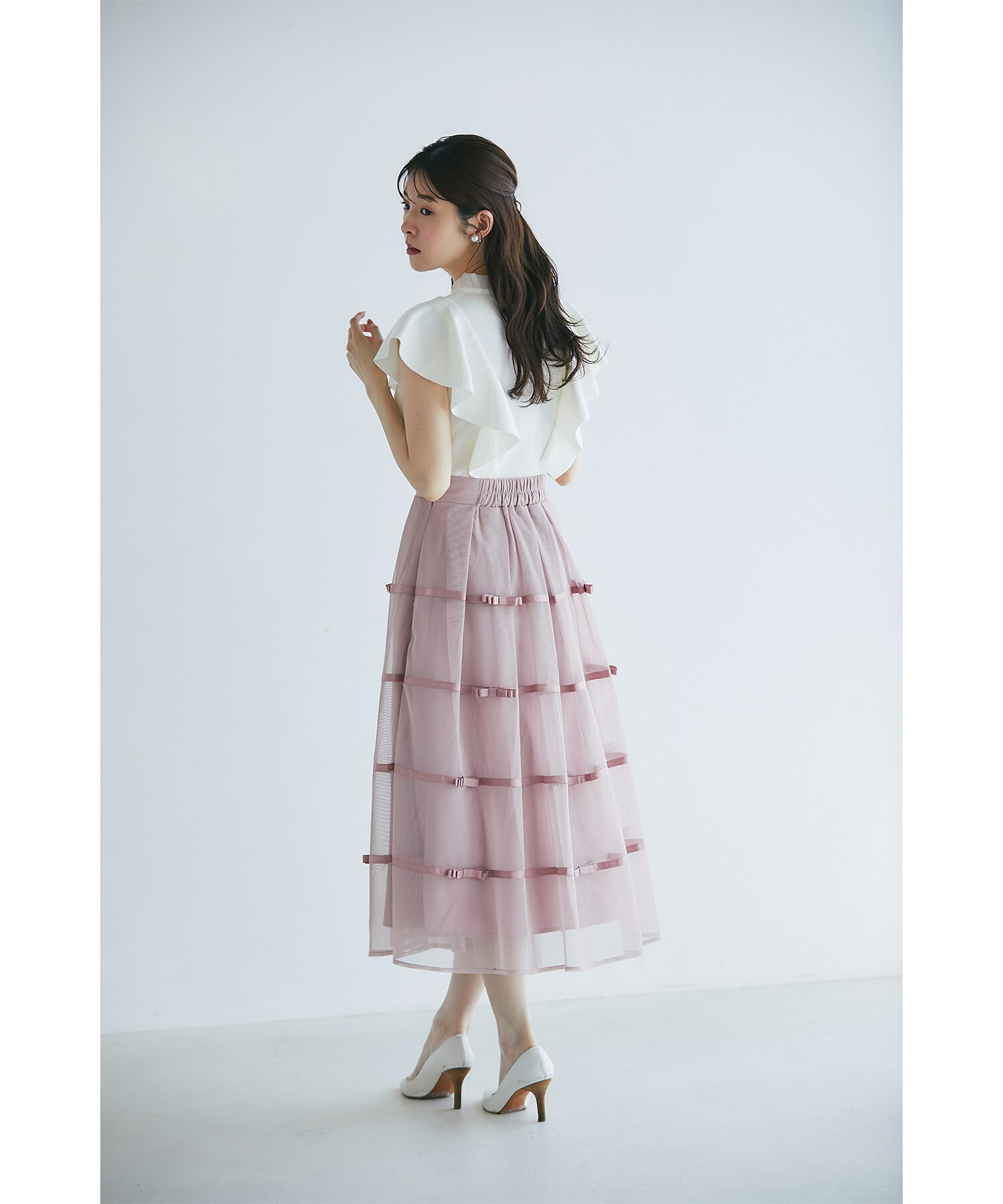 デコレーションリボンメッシュタックフレアスカート