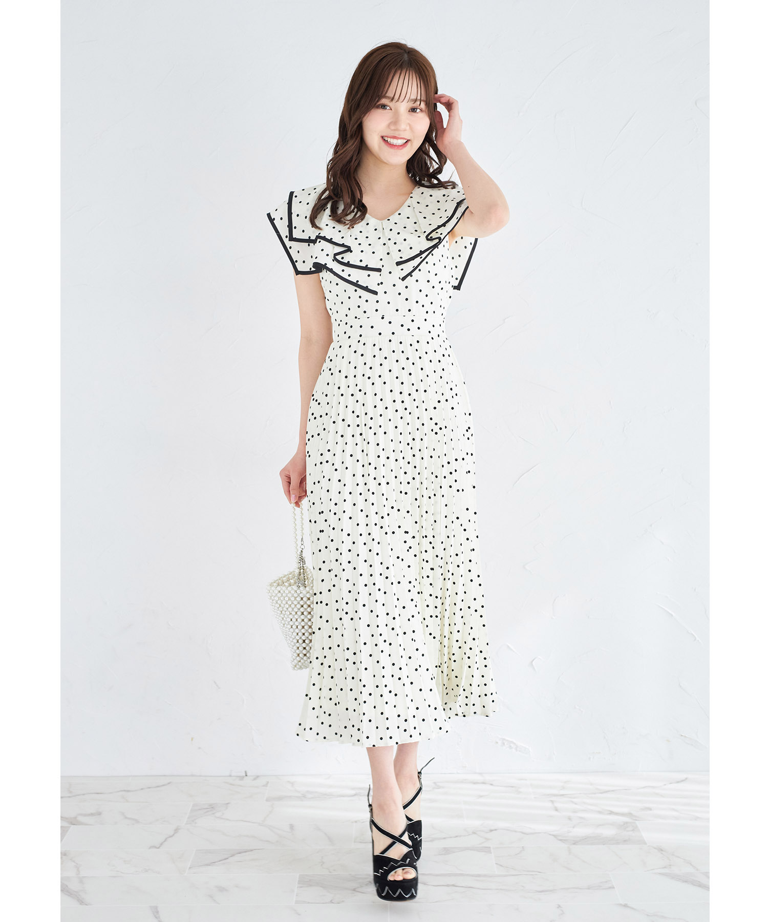 ウエストリボン付きフラワー&ドットアソートプリントビックカラー