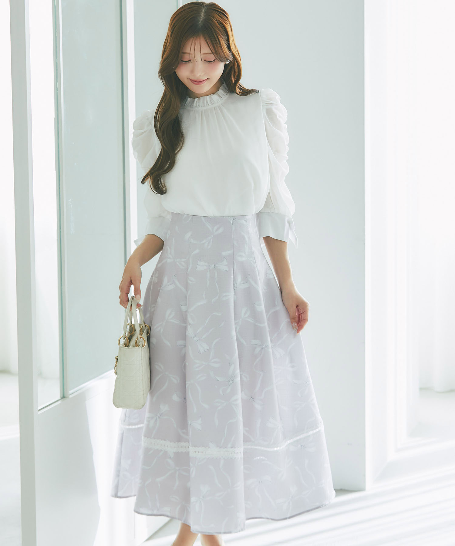 バックレースアップ裾レース装飾リボンプリントツイードライクフレア