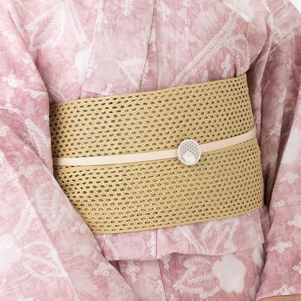 浴衣 帯 メッシュ 無地 本麻 半幅帯 網目模様 麻100％半巾帯 ：つゆ