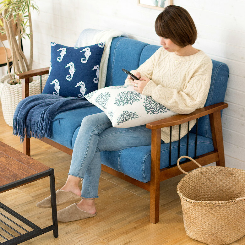 楽天市場】2人掛けソファ デニム生地 木製 アイアン 肘掛け 幅138cm