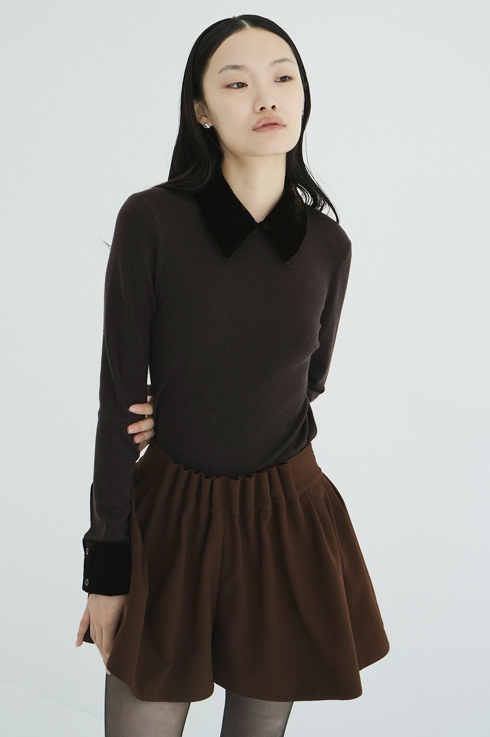 CLANE - ベロアカラーニットトップス | VELOR COLLAR KNIT TOPS (BROWN