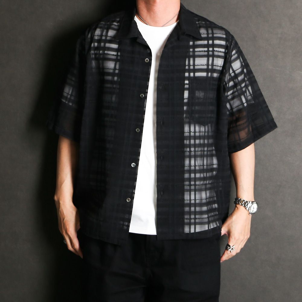 VICTIM - OPEN COLLAR CHECK SHIRT - BLACK / チェック シアーシャツ