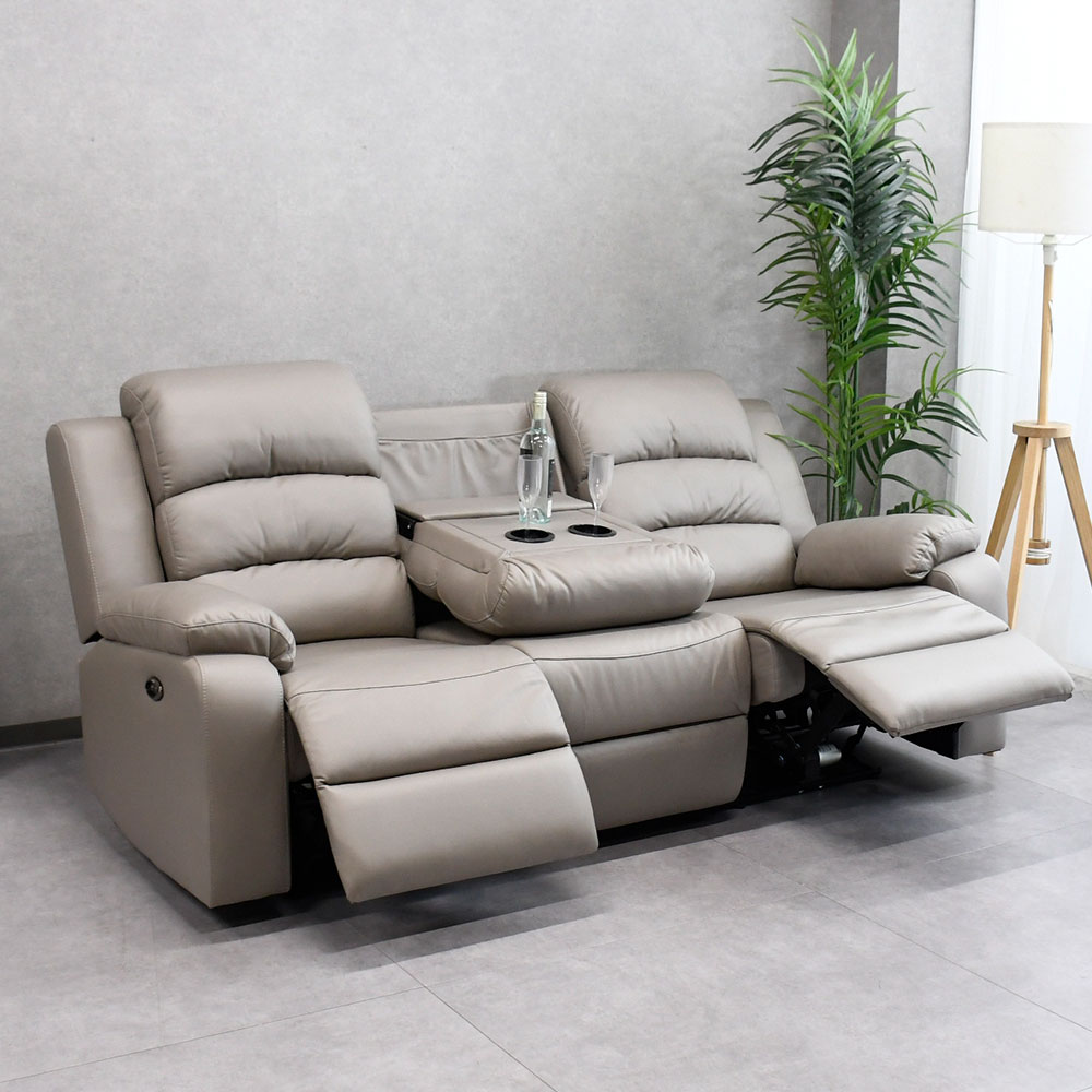 新品アウトレット】レザーファブリック電動リクライニング3人掛け