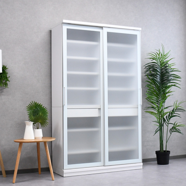 食器棚 引き戸 スライド 幅120cm 高さ200cm ホワイトガラス ガラス