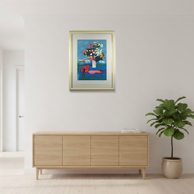 ポール・ギヤマン「青いテーブルのバイオリンと花束」リトグラフ