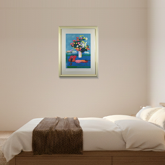 ポール・ギヤマン「青いテーブルのバイオリンと花束」リトグラフ