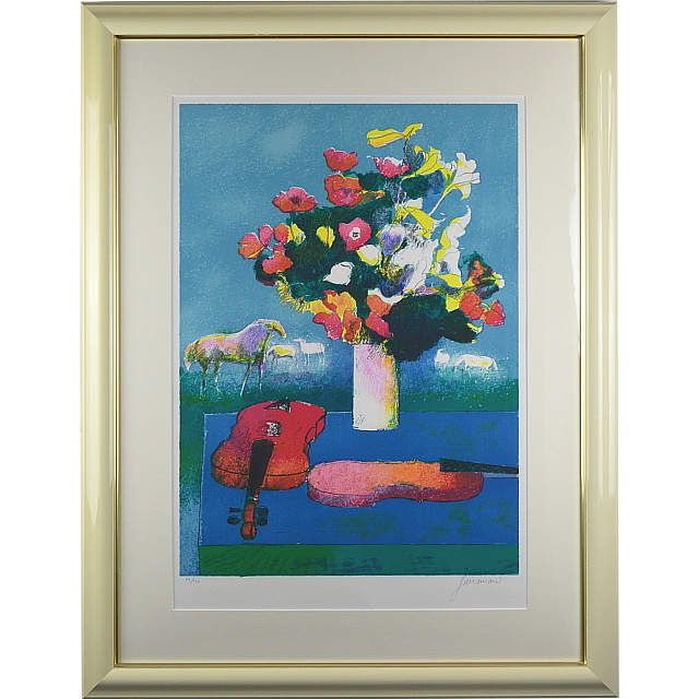 ポール・ギヤマン「青いテーブルのバイオリンと花束」リトグラフ